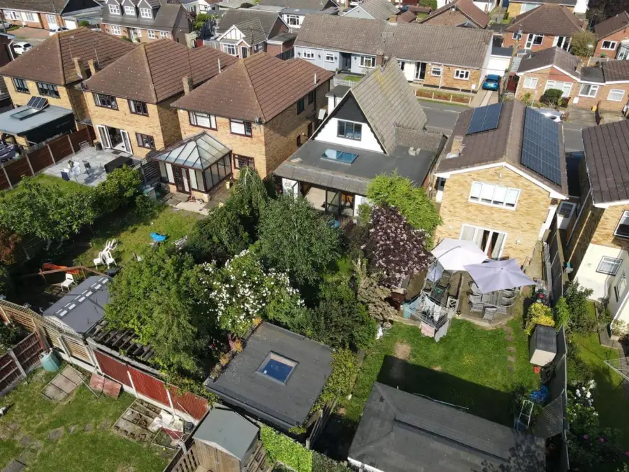 Drone photograph of houses and gardens in Canvey Island